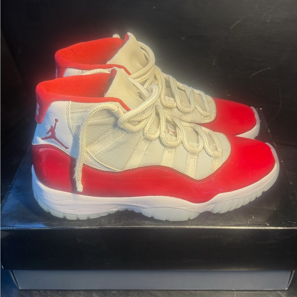 Men Jordan 11 Red and White Sneakers